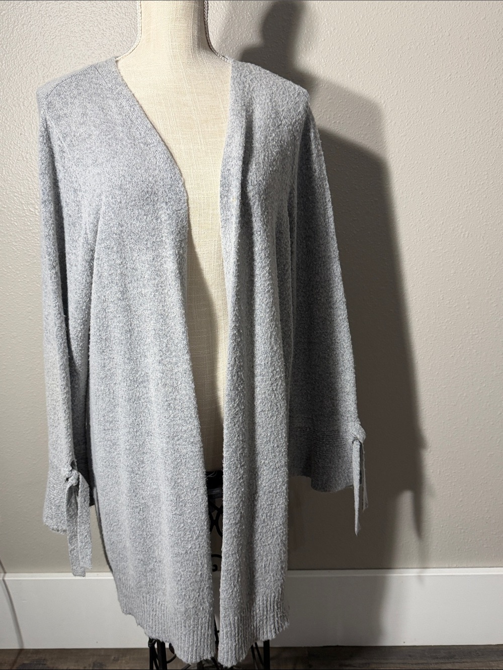 Light Gray Open-Front Tie-Sleeve Cardigan